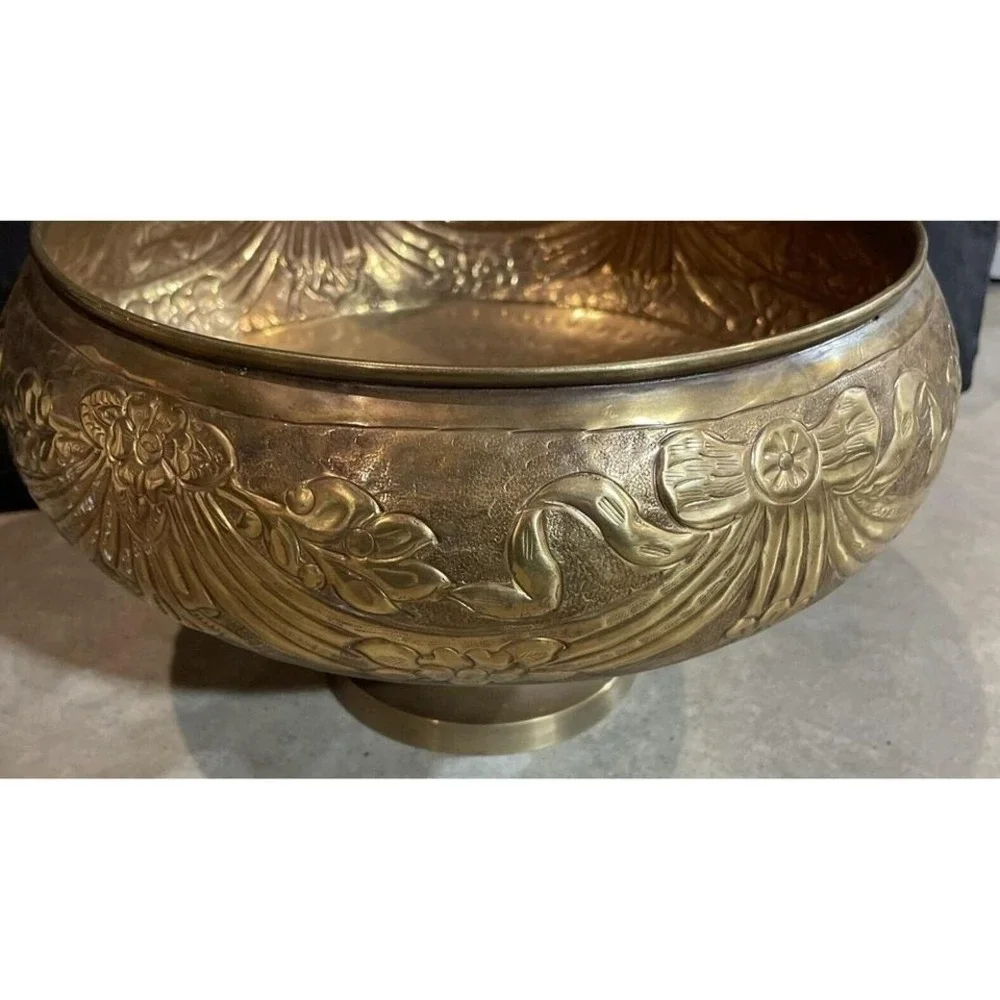 Early 1900s Indian Bronze Footed Bowl Floral Ribbons